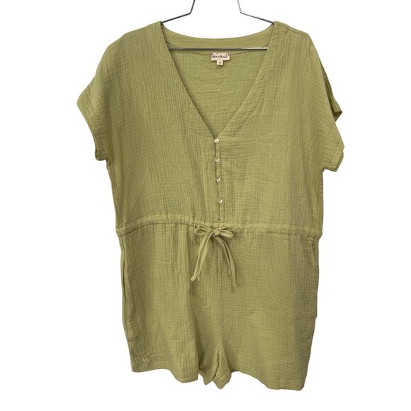 Hem and Thread Romper Size Large Gauze Short Sleeve Button Up Drawstring Crinkle - Picture 1 of 7